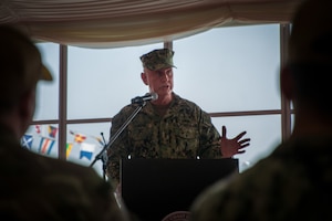 Rear Adm. Keith Smith, deputy commander of U.S. Coast Guard Atlantic Area, delivers remarks during the decommissioning ceremony for USCGC Maui (WPB 1304), USCGC Monomoy (WPB 1326) and USCGC Wrangell (WPB 1332) at Naval Support Activity Bahrain, March 22.