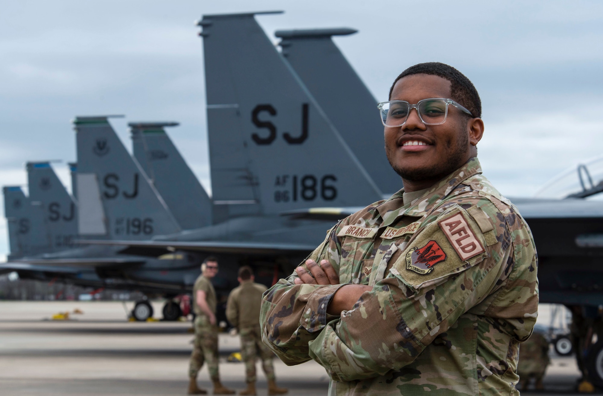 Senior Airman Dashaun Branch, 4th Operations Support Squadron airfield management shift lead, poses for a photo at Seymour Johnson Air Force Base, North Carolina, March 17, 2022. Branch was recognized by his supervisor for his excellent work ethic, positive attitude and for always going above and beyond to complete the mission. (U.S Air Force photo by Airman 1st Class Sabrina Fuller)
