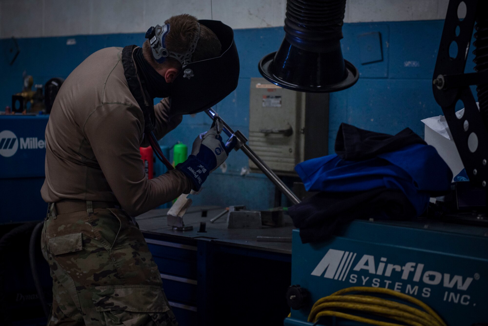 Airman 1st Class Shane Turner, 4th Equipment Maintenance Squadron aircraft metal technician, welds metal together at Seymour Johnson Air Force Base, North Carolina, Feb. 2, 2020. Welding is the fusion of two metals with an electric arc and it’s used to repair aircraft parts. (U.S. Air Force photo by Airman 1st Class Sabrina Fuller)