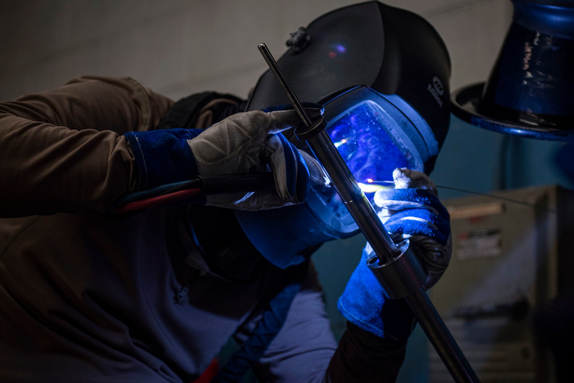 Airman 1st Class Shane Turner, 4th Equipment Maintenance Squadron aircraft metal technician, welds metal together at Seymour Johnson Air Force Base, North Carolina, Feb. 2, 2020. 4th EMS manufactures aerospace ground equipment and weld specific aircraft parts. (U.S. Air Force photo by Airman 1st Class Sabrina Fuller)