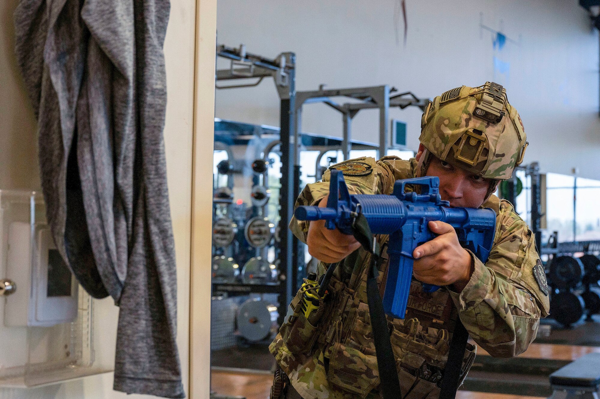 Staff Sgt. Asa Ward, 19th Security Forces Squadron defender, secures a room