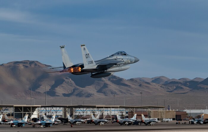 An F-15C takes off at Nellis Air Force Base.
