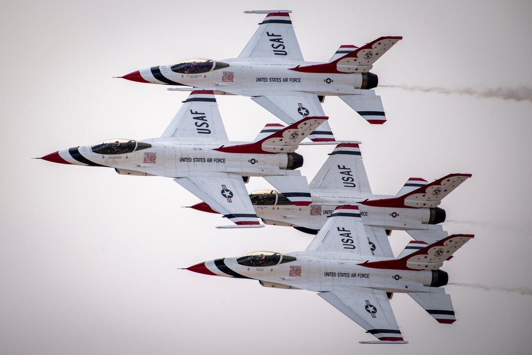 The United States Air Force Air Demonstration Squadron "Thunderbirds" perform their demonstration at Nellis Air Force Base, Nev., March 10, 2022.