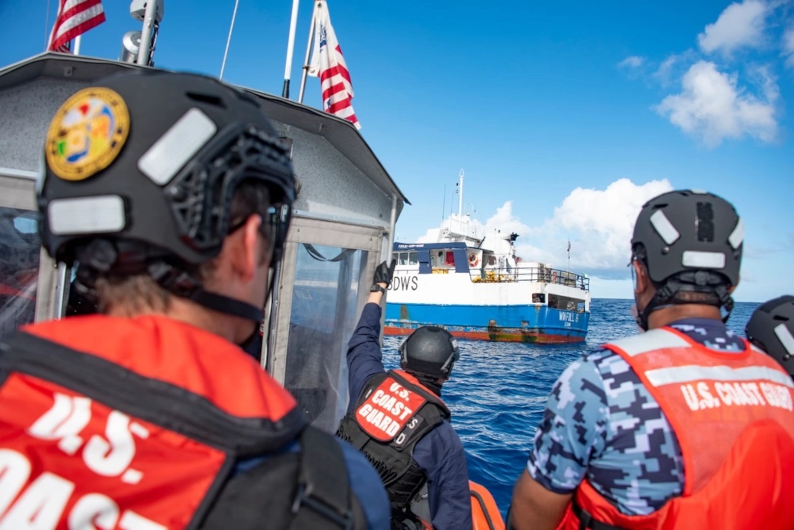 The crew of the Coast Guard Cutter Stratton conducts patrols in Fiji's exclusive economic zone with Fijian law enforcement personnel, February, 2022. The Coast Guard’s mission to combat IUU fishing is essential in protecting maritime governance and a rules-based international order to ensure a free and open Indo-Pacific. (U.S. Coast Guard photo courtesy of the Coast Guard Cutter Stratton)