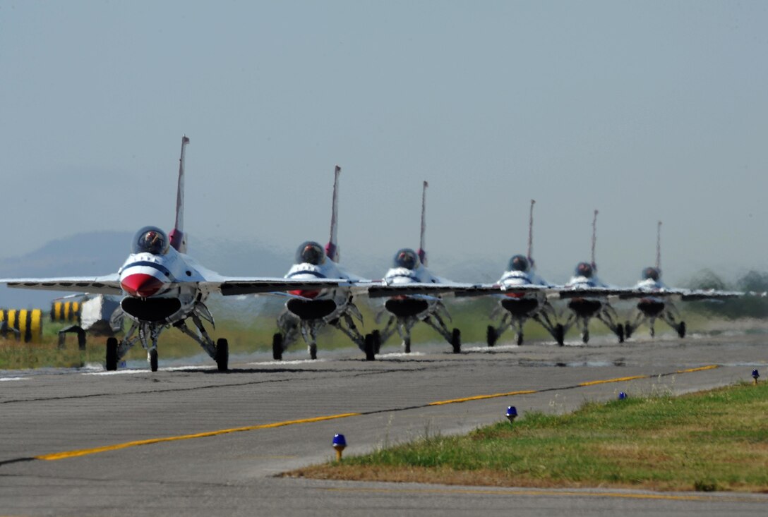 The United States Air Force Air Demonstration Squadron "Thunderbirds," taxi down the runway after their performance during Air Show Turkiye 2011 at Cigli Air Base, June 5, 2011. The Thunderbirds performed alongside other world-renowned aerial demonstration teams to honor 100 years of Turkish aviation. (U.S. Air Force photo by Staff Sgt. Larry E. Reid Jr.)