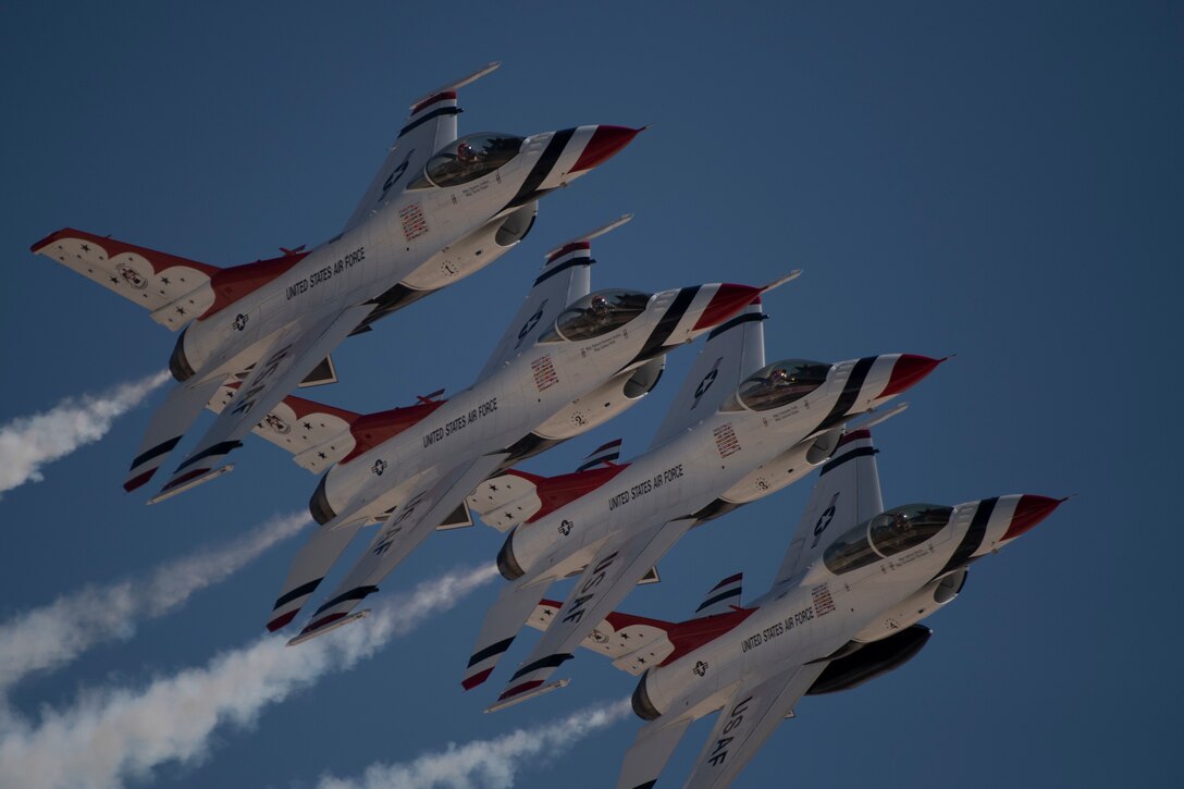 The United States Air Force Air Demonstration Squadron "Thunderbirds" perform their demonstration at Nellis Air Force Base, Nev., March 9, 2022. The 2022 team executed the new training syllabus for the first time this year, exercising all parts of the team – logistics, maintenance, public affairs, and show center operations – at multiple training sites, including its first full six-ship show, complete with music and narration. (U.S. Air Force photo by Staff Sgt. Andrew D. Sarver)