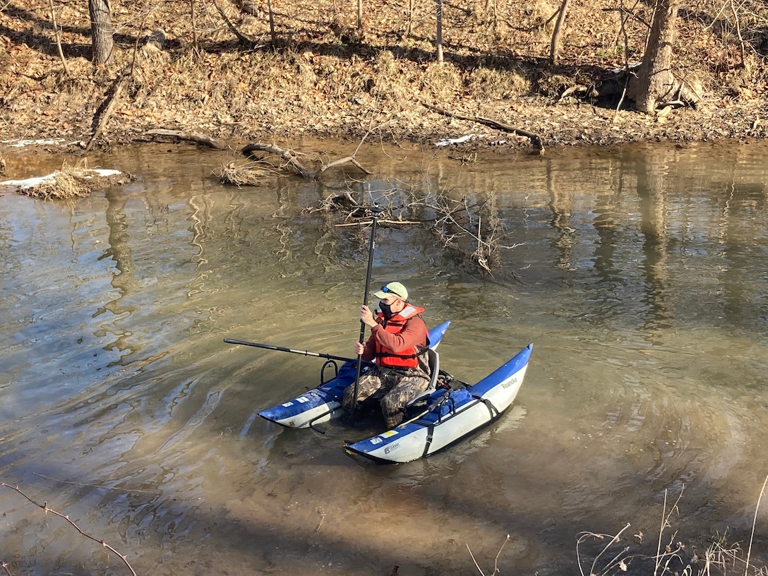 Ryan Miranda, U.S. Army Corps of Engineers, Baltimore District, Survey Technician, surveys the Chesapeake and Ohio Canal, near Violet’s Locke in Potomac, Maryland in 2021. Some of Miranda’s most notable accomplishments include becoming a maritime archaeology lecturer, rowing club coach, Professional Association of Diving Instructors (PADI) certified divemaster and reaching the Intercollegiate Rowing Association national championship in 2016. (Courtesy photo)