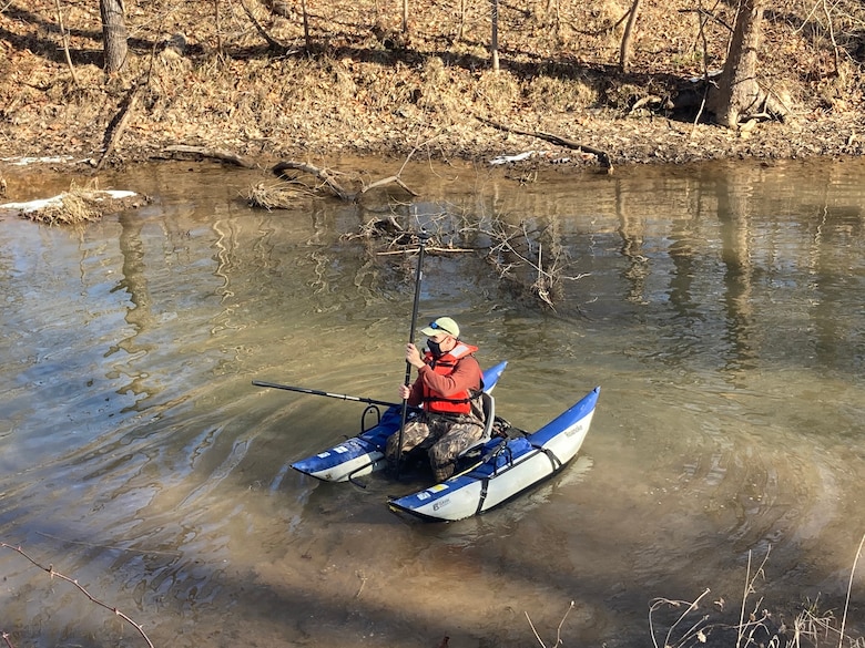 Ryan Miranda, U.S. Army Corps of Engineers, Baltimore District, Survey Technician, surveys the Chesapeake and Ohio Canal, near Violet’s Locke in Potomac, Maryland in 2021. Some of Miranda’s most notable accomplishments include becoming a maritime archaeology lecturer, rowing club coach, Professional Association of Diving Instructors (PADI) certified divemaster and reaching the Intercollegiate Rowing Association national championship in 2016. (Courtesy photo)