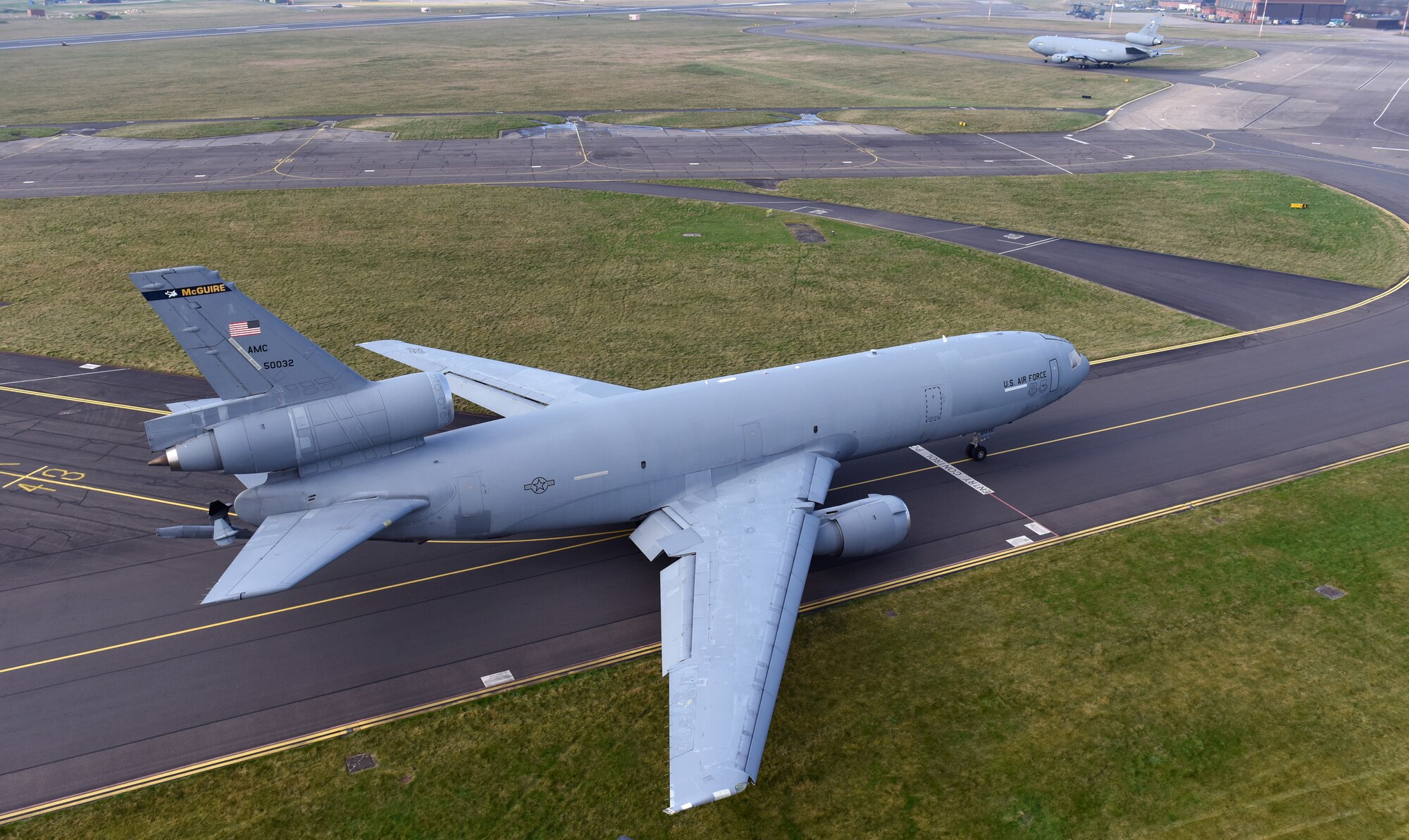 A U.S. Air Force KC-10 Extender aircraft assigned to the 305th Air Mobility Wing, Joint Base McGuire-Dix-Lakehurst, N.J., taxis towards the runway at Royal Air Force Mildenhall, England, March 10, 2022. The KC-10 is an Air Mobility Command advanced tanker and cargo aircraft designed to provide increased global mobility for U.S. Armed Forces. (U.S. Air Force photo by Karen Abeyasekere)