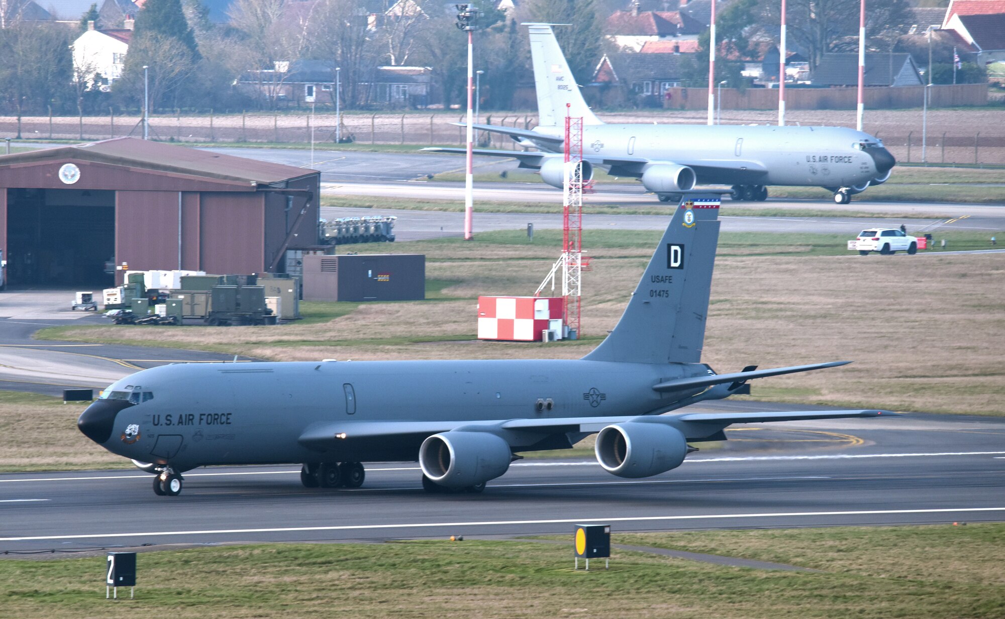 A U.S. Air Force KC-135 Stratotanker assigned to the 100th Air Refueling Wing taxis down the runway as it prepares to take off from Royal Air Force Mildenhall, England, March 10, 2022. The KC-135 provides the core aerial refueling capability for the U.S. Air Force and enhances its capability to accomplish the primary mission of global reach. (U.S. Air Force photo by Karen Abeyasekere)