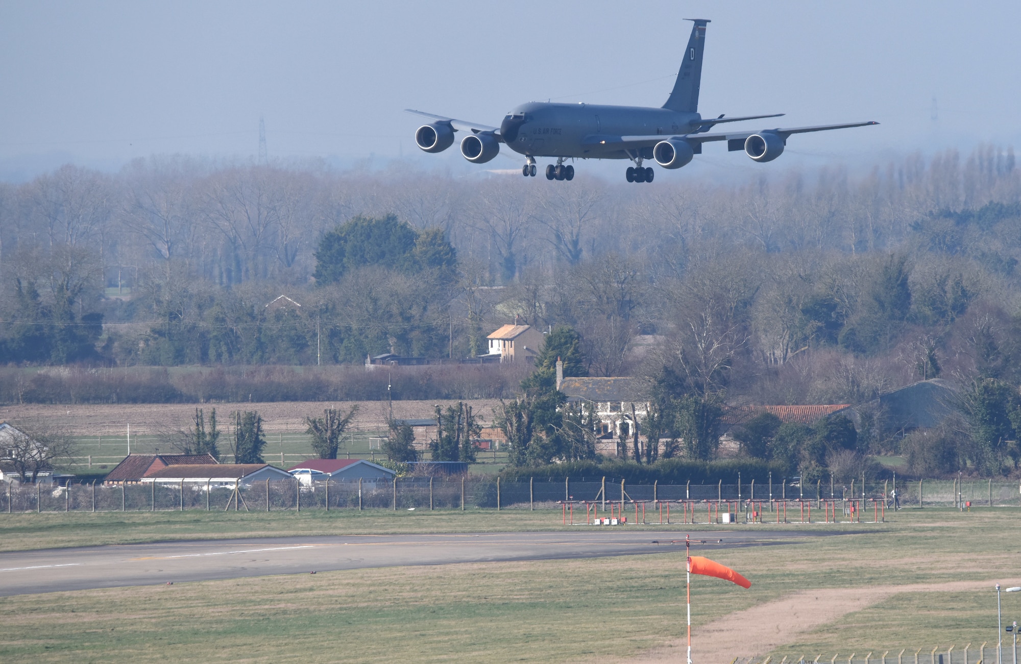 A U.S. Air Force KC-135 Stratotanker assigned to the 100th Air Refueling Wing lands at Royal Air Force Mildenhall, England, March 10, 2022. The 100th ARW is the only permanent U.S. air refueling wing in the European theater that provides critical air refueling support that allows the Expeditionary Air Force to deploy around the globe at a moment’s notice. (U.S. Air Force photo by Karen Abeyasekere)