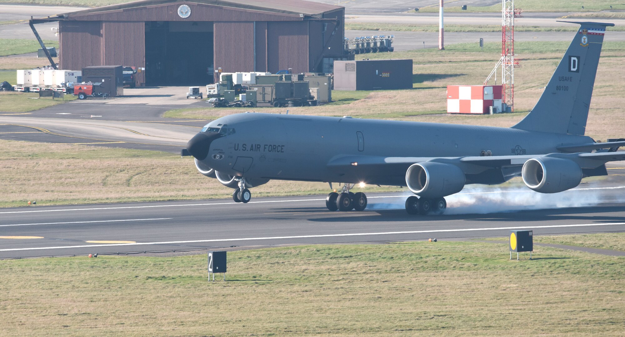 A U.S. Air Force KC-135 Stratotanker assigned to the 100th Air Refueling Wing lands at Royal Air Force Mildenhall, England, March 10, 2022. The 100th ARW is the only permanent U.S. air refueling wing in the European theater that provides critical air refueling support that allows the Expeditionary Air Force to deploy around the globe at a moment’s notice. (U.S. Air Force photo by Karen Abeyasekere)