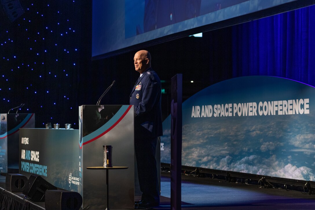 Chief of Space Operations at United States Space Force, General William 'Jay' Raymond, addresses 2022 Air & Space Power Conference delegates at the National Convention Centre, Canberra, March 23, 2022.