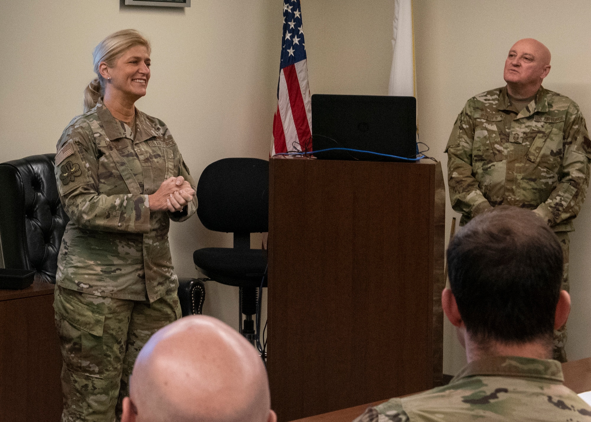 102nd Intelligence Wing Airmen supporting Task Force Powderhorn, returned to their Cape Cod base to begin the process of returning from this important operation on March 17, 2022.  The Powderhorn mission provided non-clinical support to hospitals around the Commonwealth that have seen staffing shortages during the COVID-19 fight.

Nearly 1,000 Army and Air Guard personnel have been supporting the needs of hospitals and transportation systems across Massachusetts. Guard members have supported more than 60 acute care hospitals, as well as 13 ambulance service providers across all five of the Commonwealth's Emergency Medical Service Regions.

During a visit with the returning forces, Brig. Gen. Virginia Gaglio, Chief of Staff and Air Component Commander of the Massachusetts National Guard, recognized several for going above and beyond expectations.  "Preserving life and helping people in pain - that is inherently a Guardsman thing," said Gaglio.  "Thank you for what you did."

During states' emergencies, the National Guard is the first military responder to support civil authorities and facilitate a unified, speedy response. On any given day, thousands of Guard members conduct operations here in the U.S. In the case of Task Force Powderhorn, Massachusetts National Guardsmen were critical in ensuring medical facilities never missed a beat and continued to provide important services to the Commonwealth and the patients they cared for.

"It's been a long two years," said Gaglio. "You really have been a part of an historic time in history when National Guardsmen have stood up."