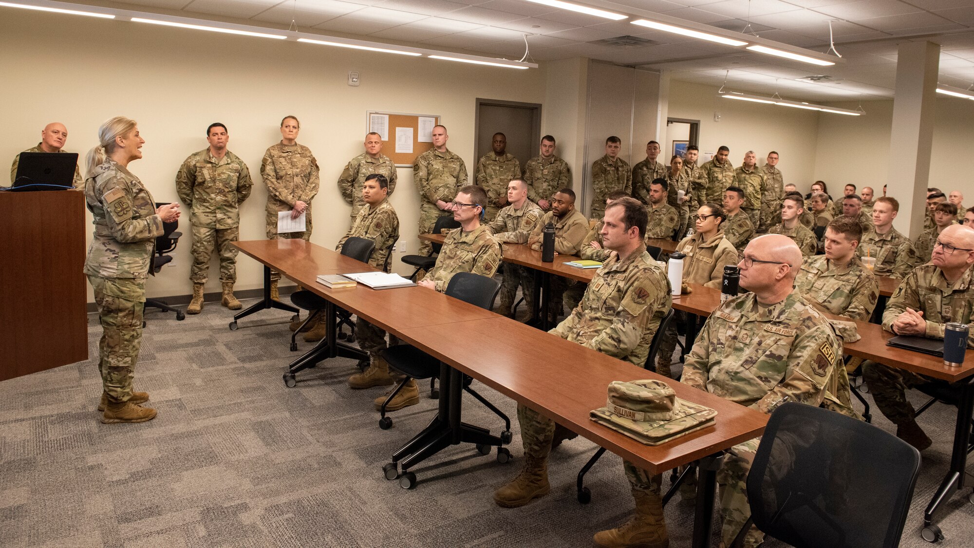 102nd Intelligence Wing Airmen supporting Task Force Powderhorn, returned to their Cape Cod base to begin the process of returning from this important operation on March 17, 2022.  The Powderhorn mission provided non-clinical support to hospitals around the Commonwealth that have seen staffing shortages during the COVID-19 fight.

Nearly 1,000 Army and Air Guard personnel have been supporting the needs of hospitals and transportation systems across Massachusetts. Guard members have supported more than 60 acute care hospitals, as well as 13 ambulance service providers across all five of the Commonwealth's Emergency Medical Service Regions.

During a visit with the returning forces, Brig. Gen. Virginia Gaglio, Chief of Staff and Air Component Commander of the Massachusetts National Guard, recognized several for going above and beyond expectations.  "Preserving life and helping people in pain - that is inherently a Guardsman thing," said Gaglio.  "Thank you for what you did."

During states' emergencies, the National Guard is the first military responder to support civil authorities and facilitate a unified, speedy response. On any given day, thousands of Guard members conduct operations here in the U.S. In the case of Task Force Powderhorn, Massachusetts National Guardsmen were critical in ensuring medical facilities never missed a beat and continued to provide important services to the Commonwealth and the patients they cared for.

"It's been a long two years," said Gaglio. "You really have been a part of an historic time in history when National Guardsmen have stood up."