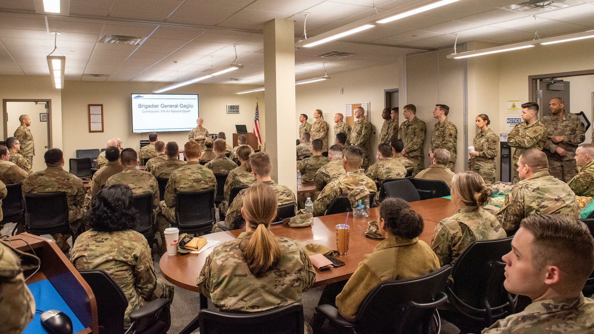 102nd Intelligence Wing Airmen supporting Task Force Powderhorn, returned to their Cape Cod base to begin the process of returning from this important operation on March 17, 2022.  The Powderhorn mission provided non-clinical support to hospitals around the Commonwealth that have seen staffing shortages during the COVID-19 fight.

Nearly 1,000 Army and Air Guard personnel have been supporting the needs of hospitals and transportation systems across Massachusetts. Guard members have supported more than 60 acute care hospitals, as well as 13 ambulance service providers across all five of the Commonwealth's Emergency Medical Service Regions.

During a visit with the returning forces, Brig. Gen. Virginia Gaglio, Chief of Staff and Air Component Commander of the Massachusetts National Guard, recognized several for going above and beyond expectations.  "Preserving life and helping people in pain - that is inherently a Guardsman thing," said Gaglio.  "Thank you for what you did."

During states' emergencies, the National Guard is the first military responder to support civil authorities and facilitate a unified, speedy response. On any given day, thousands of Guard members conduct operations here in the U.S. In the case of Task Force Powderhorn, Massachusetts National Guardsmen were critical in ensuring medical facilities never missed a beat and continued to provide important services to the Commonwealth and the patients they cared for.

"It's been a long two years," said Gaglio. "You really have been a part of an historic time in history when National Guardsmen have stood up."