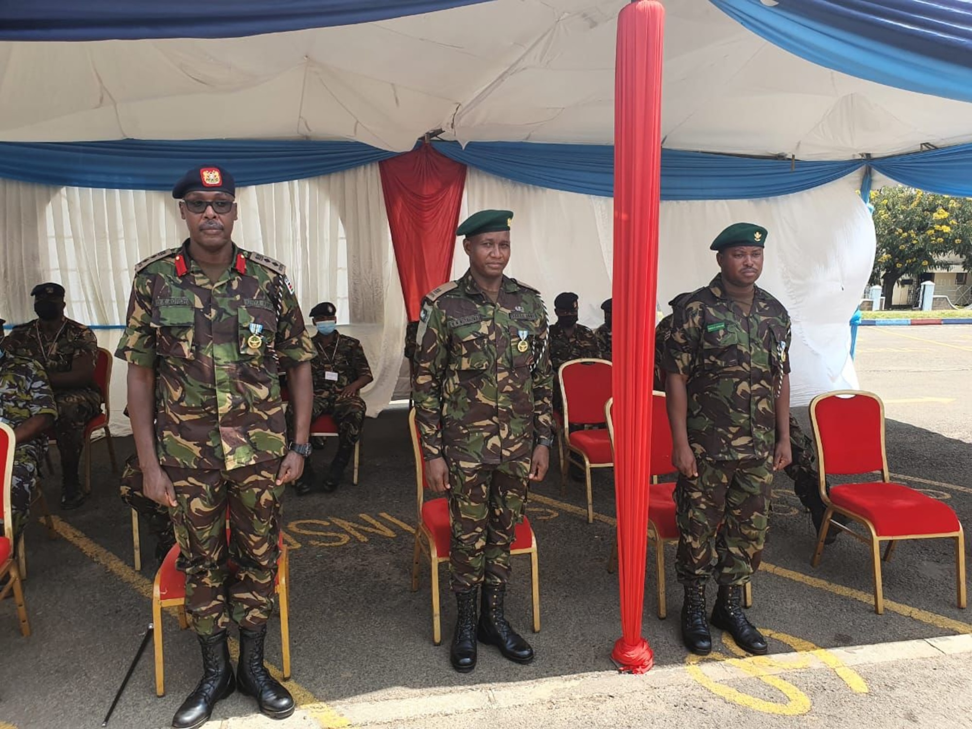 U.S. Army Major General Gregory Anderson, U.S. Africa Command Director of Operations, awarded the U.S. Joint Service Commendation Medal for valor to Kenyan Defense Forces (KDF) Colonel Daniel Rotich, Major Martin Muthaura, and Corporal Peter Shikuri, for their exemplary courage and selflessness during the Jan. 5, 2020, Manda Bay attack, Manda Bay, Kenya, March 16, 2022. The U.S. and KDF have a strong 60-year relationship that includes hosting regional exercises and serving alongside U.S Forces in contingency operations. (U.S. Air Force courtesy photo)