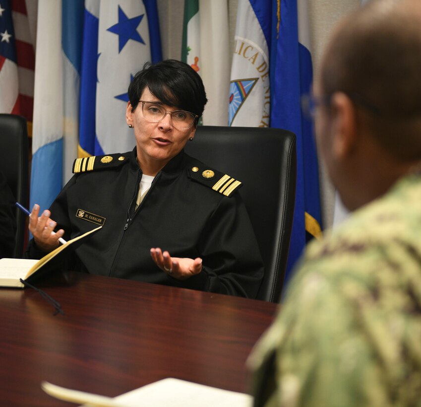 Peruvian navy Lt. Cmdr. Maria Belen Canales, Deputy Secretary of the Inter-American Naval Telecommunications Network (IANTN) Secretariat, left, briefs Cmdr. Lee Bush, the Director of Communications and Information Systems at U.S. Naval Forces Southern Command/U.S. 4th Fleet, March 17, 2022. Canales assumed the role of deputy secretary on Feb. 19, 2022. Established in 1962, IANTN’s mission is to maintain a permanent link among naval authorities of the Americas. U.S. Naval Forces Southern Command hosts the multi-national IANTN staff, which oversees IANTN detachments and operations centers in 18 partner nations in the Caribbean, Central and South America. USNAVSO/FOURTHFLT is the trusted maritime partner for Caribbean, Central and South America maritime forces leading to improved unity, security and stability.