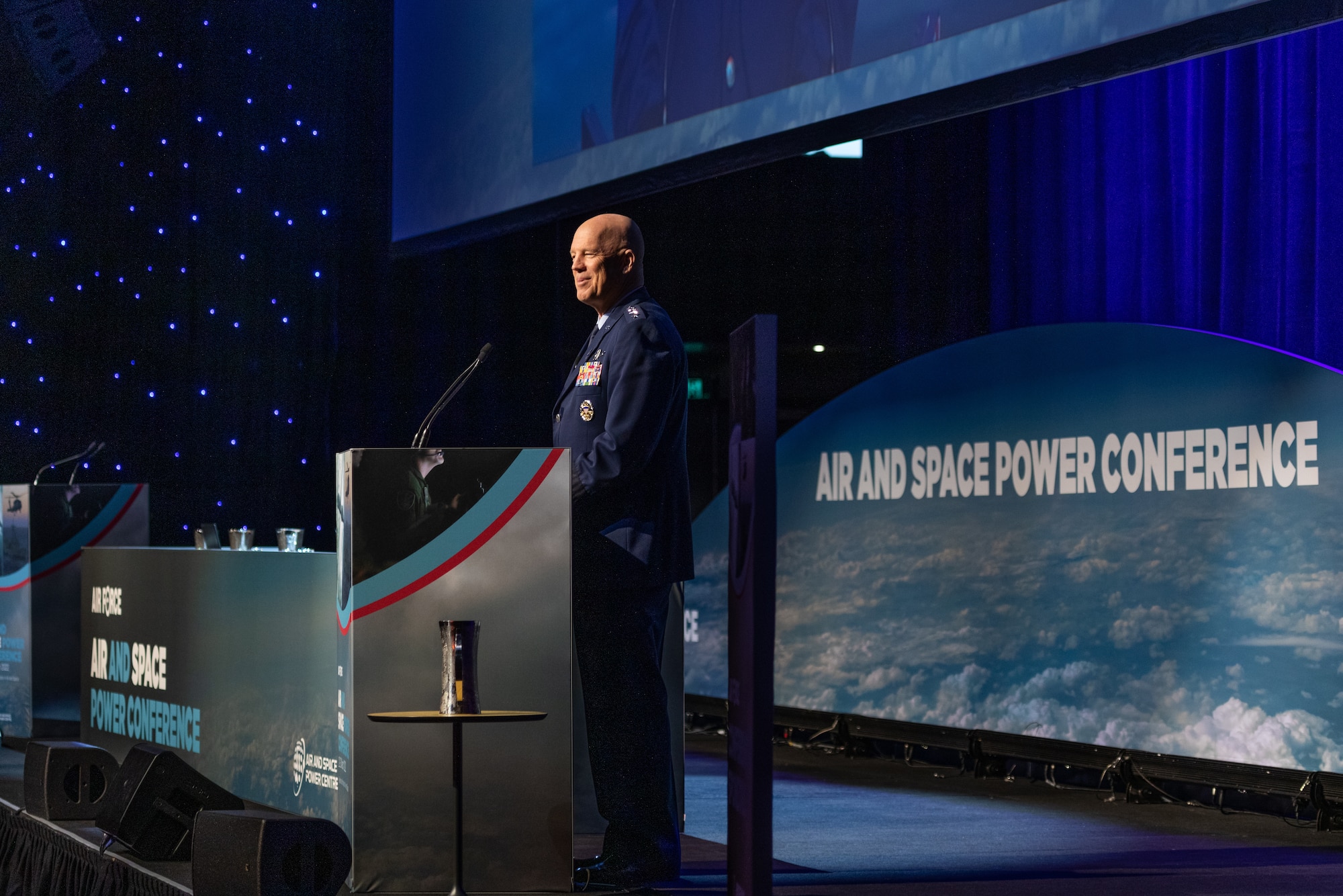 Chief of Space Operations at United States Space Force, General William 'Jay' Raymond, addresses 2022 Air & Space Power Conference delegates at the National Convention Centre, Canberra, March 23, 2022.