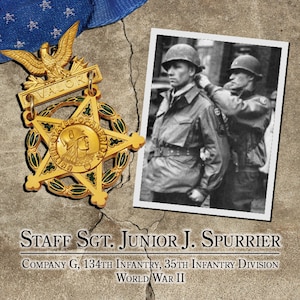 Army Staff Sgt. Junior James Spurrier of Company G, 134th Infantry Regiment, 35th Infantry Division, was awarded the Medal of Honor for his actions during World War II against the enemy at Achain, France, Nov. 13, 1944.