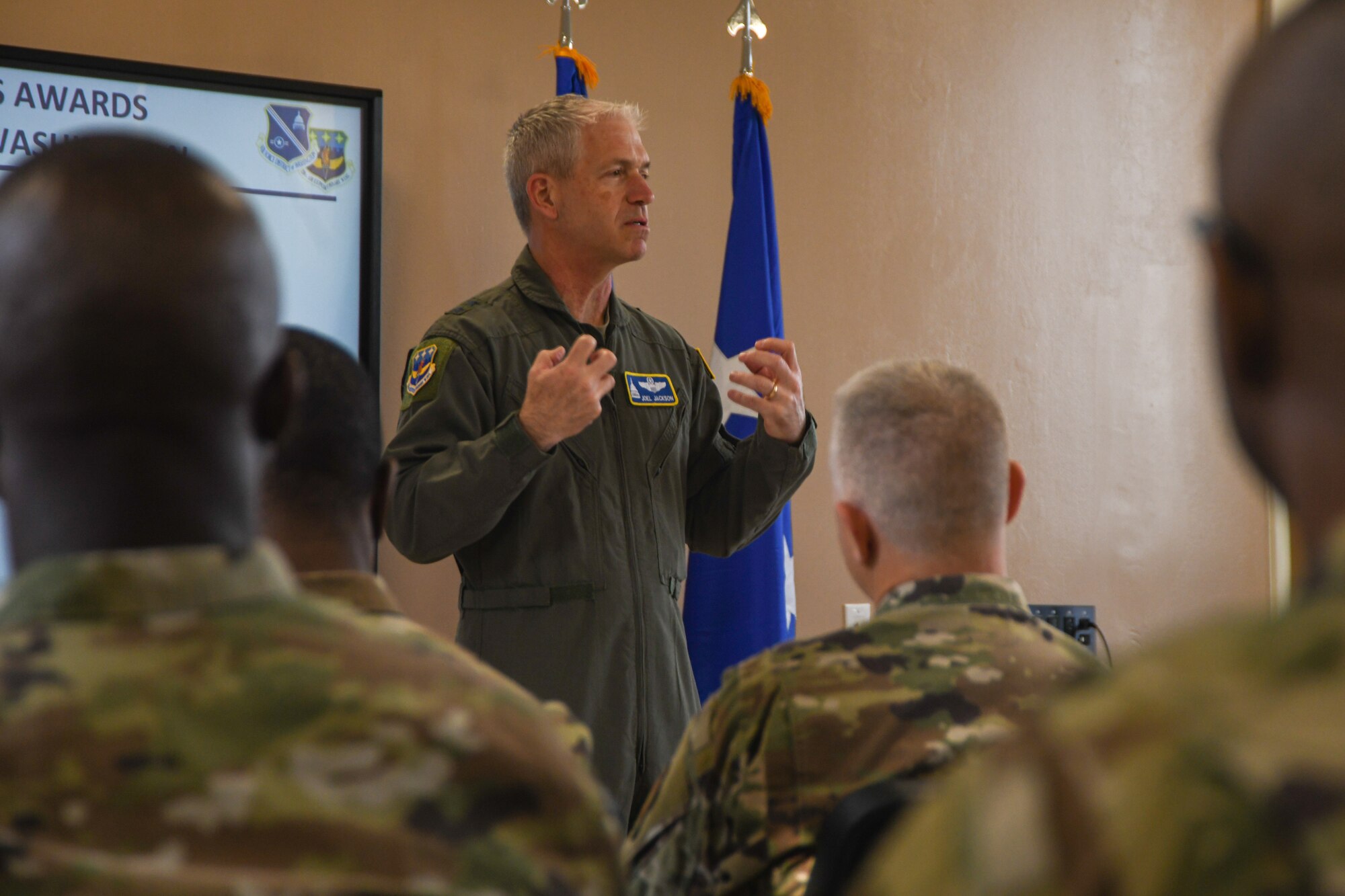 Maj. Gen. Joel Jackson, commander of the Air Force District of Washington and the 320th Air Expeditionary Wing, gives a speech to the Air Force District of Washington Chaplains and Religious Affairs Airmen during the 2021 AFDW Chaplain Corps Awards ceremony in Chapel 1 on Joint Base Andrews, Md., March 22, 2022.