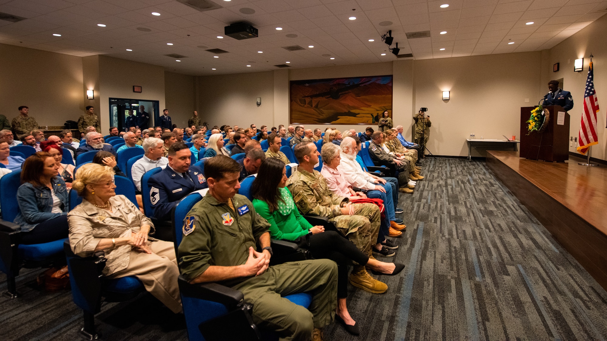 U.S. Air Force Staff Sgt. Brandon Ravenell, 71st Rescue Squadron, makes opening remarks during a memorial ceremony honoring Komodo 11 at Moody Air Force Base, Georgia, March 23, 2022. Komodo 11 was an HH-60G Pavehawk that crashed, resulting in the loss of six Airmen’s lives, during a humanitarian rescue mission in Afghanistan, March 23, 2003. (U.S. Air Force photo by Airman 1st Class Courtney Sebastianelli)