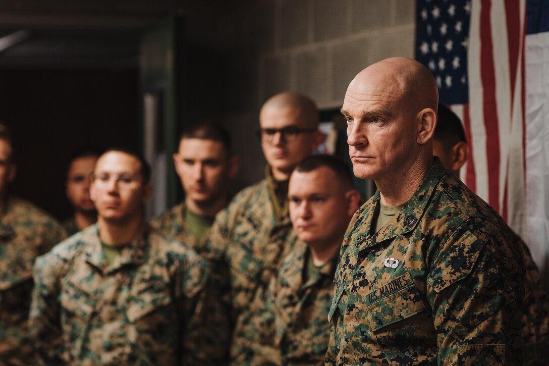 U.S. Marine Corps Sgt. Maj. Troy E. Black, the 19th Sergeant Major of the Marine Corps, speaks to Marines while visiting Fort Pickett, Virginia, Dec. 8, 2021. The purpose of the visit was to receive a tour of Fort Pickett, meet with service members across the Task Force, and discuss future plans for Operation Allies Welcome. The Department of Defense, through U.S. Northern Command, and in support of the Department of Homeland Security, is providing transportation, temporary housing, medical screening, and general support for at least 50,000 Afghan evacuees at suitable facilities, in permanent or temporary structures, as quickly as possible. This initiative provides Afghan personnel essential support at secure locations outside Afghanistan.