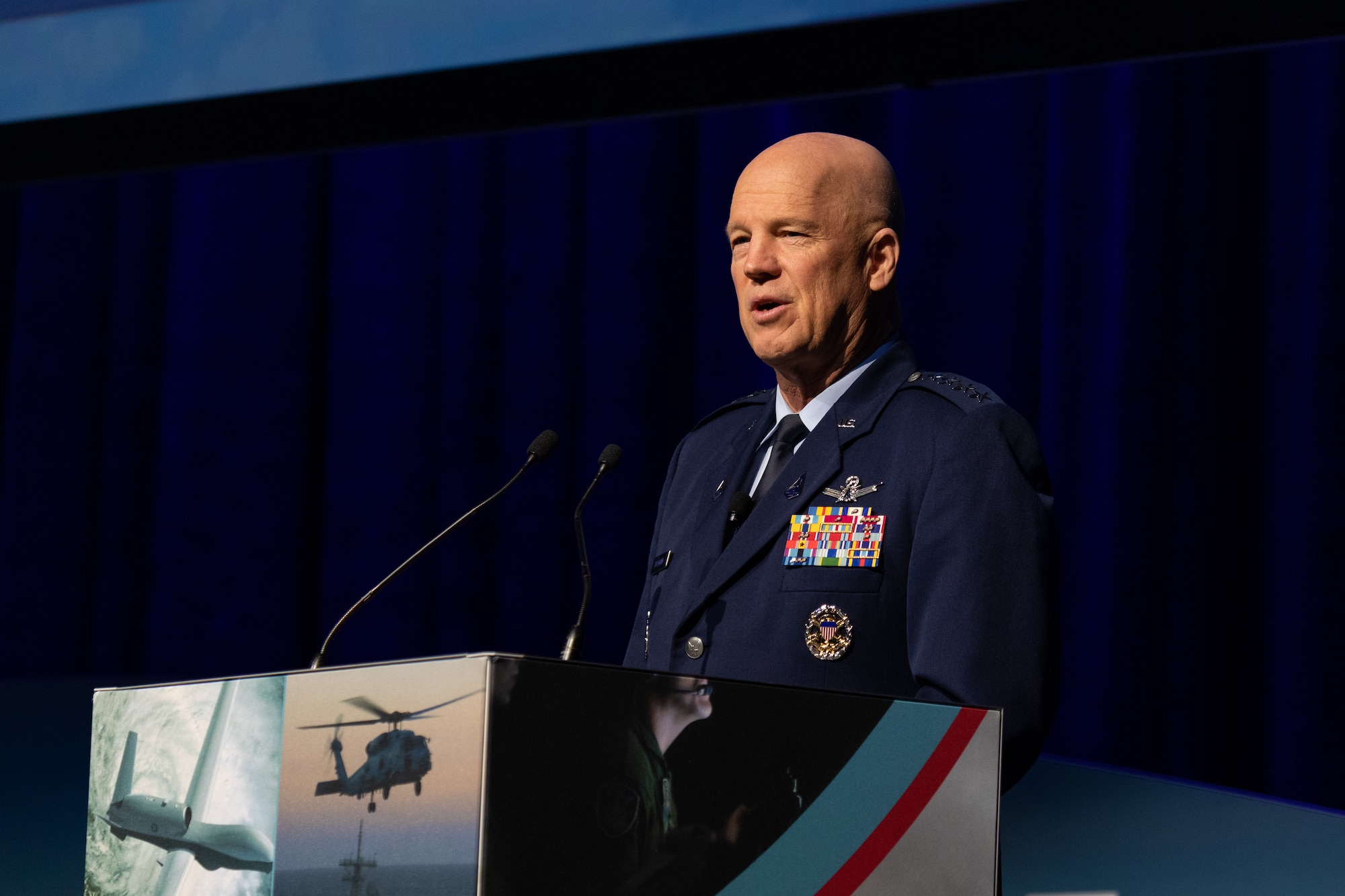 Chief of Space Operations at United States Space Force, General William 'Jay' Raymond, addresses 2022 Air & Space Power Conference delegates at the National Convention Centre, Canberra, March 23, 2022.