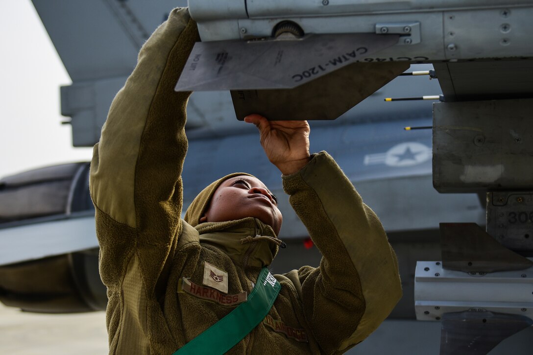 An airman checks munitions on a fighter jet.