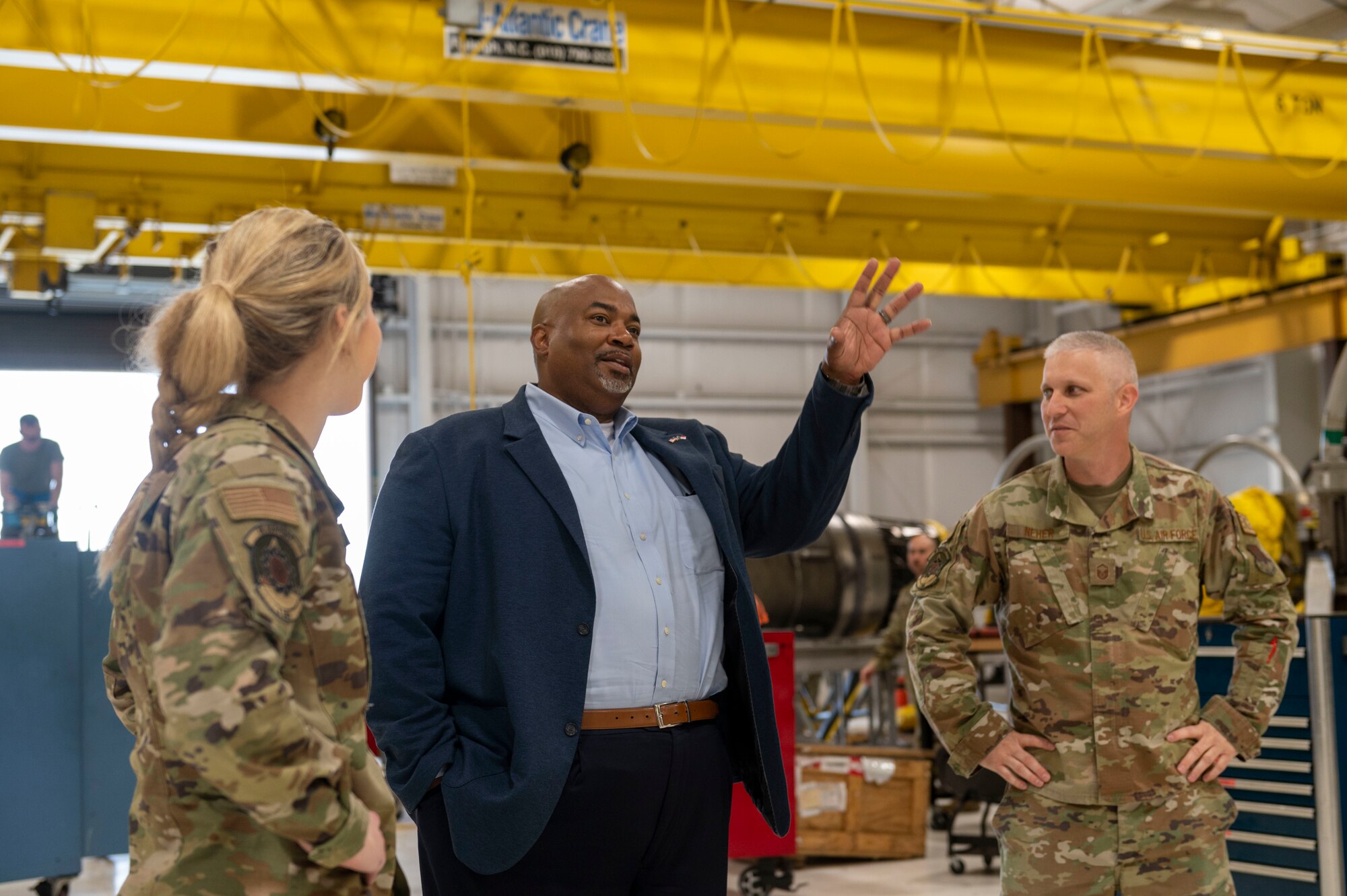 Mark Robinson, North Carolina Lt. Gov., takes a tour of the facilities on the flightline at Seymour Johnson Air Force Base, North Carolina, March 23, 2022. Robinson was elected as the 35th Lt. Governor of North Carolina in 2021. (U.S. Air Force photo by Senior Airman Kevin Holloway)