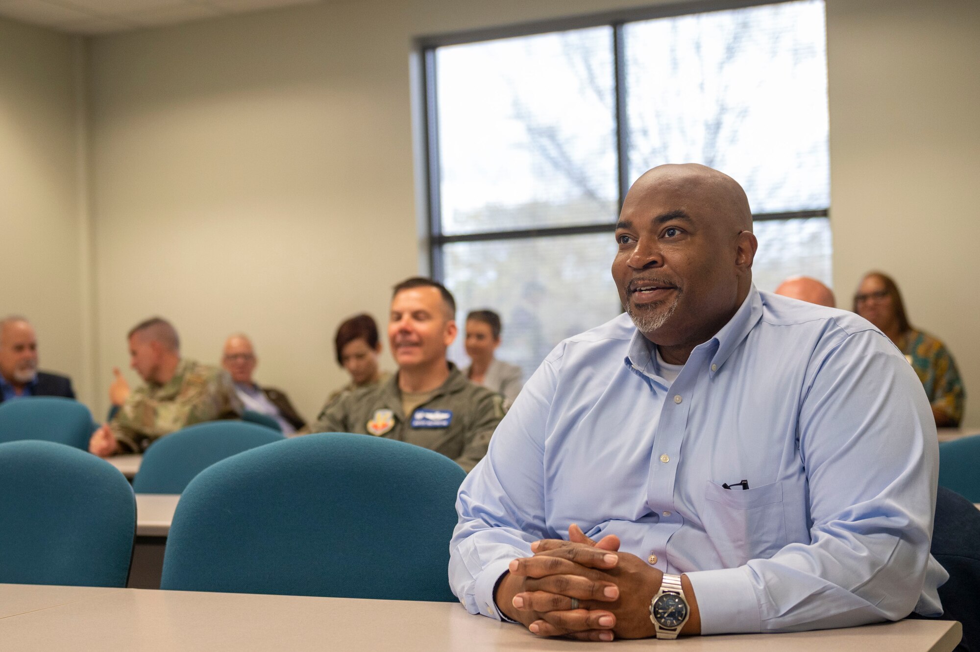 Mark Robinson, North Carolina Lt. Gov., tours the Watkins Das Education Center at Seymour Johnson Air Force Base, North Carolina, March 23, 2022. Robinson was the first African-American to be elected as the Lt. Governor of North Carolina. (U.S. Air Force photo by Senior Airman Kevin Holloway)