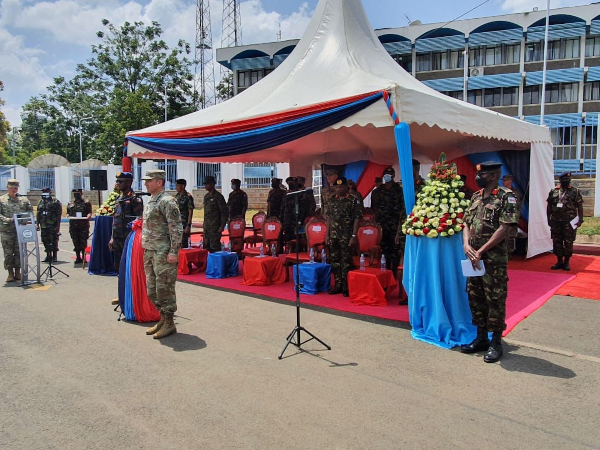 U.S. Army Major General Gregory Anderson, U.S. Africa Command Director of Operations, awarded the U.S. Joint Service Commendation Medal for valor to Kenyan Defense Forces (KDF) Colonel Daniel Rotich, Major Martin Muthaura, and Corporal Peter Shikuri, for their exemplary courage and selflessness during the Jan. 5, 2020, Manda Bay attack, Manda Bay, Kenya, March 16, 2022. The U.S. and KDF have a strong 60-year relationship that includes hosting regional exercises and serving alongside U.S Forces in contingency operations. (U.S. Air Force courtesy photo)