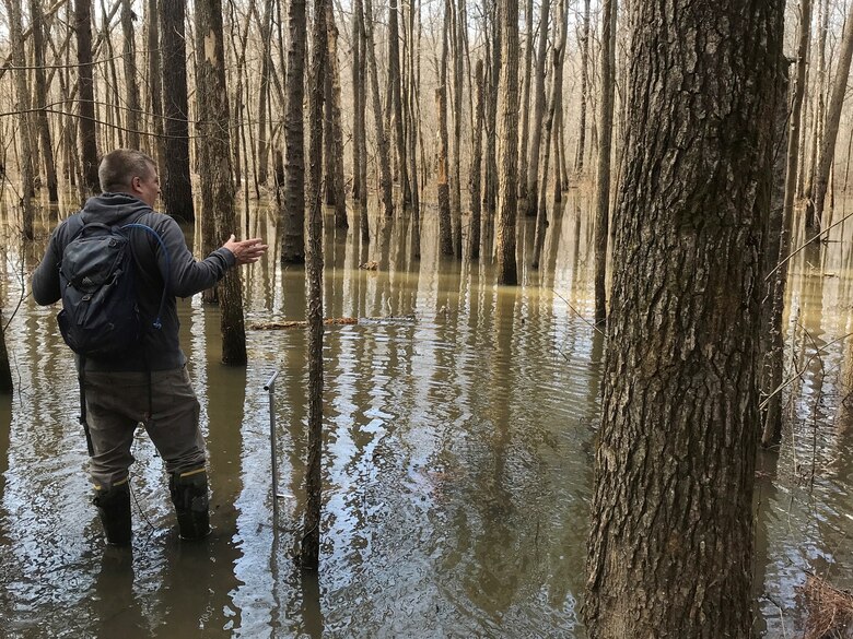 Mark G. McIntosh, U.S. Army Corps of Engineers Nashville District Regulatory Division project manager, performs a wetland compensatory mitigation site visit March 11, 2022, in Livingston County, Kentucky. (USACE Photo by Ryan Evans)