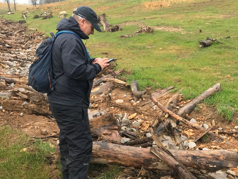 Mark G. McIntosh. Project manager with U.S. Army Corps of Engineers Nashville District Regulatory Division’s Technical Services Branch, evaluates a constructed compensatory mitigation site in Macon County, Tennessee, March 17, 2022. (USACE Photo by Ryan Evans)