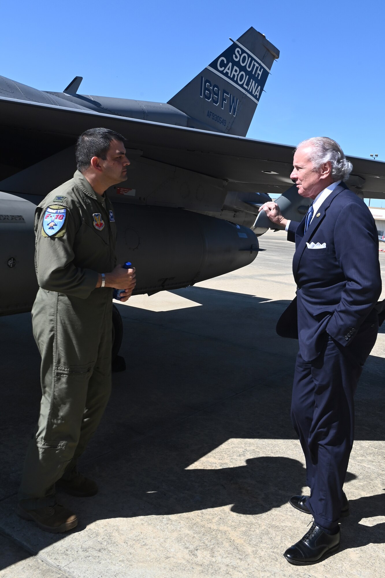 Columbia Metropolitan Airport hosts a press conference, March 21, 2022 to announce a six-month temporary move of F-16 fighter jet flying operations from the the South Carolina Air National Guard's 169th Fighter Wing at nearby McEntire Joint National Guard Base to their airport in Columbia, South Carolina. This joint partnership, regarding the temporary relocation of F-16 aircraft, will begin in April 2022. Speaking during the press conference are South Carolina Governor Henry McMaster; U.S. Army Maj. Gen. Van McCarty, The Adjutant General of South Carolina; U.S. Air Force Col. Quaid Quadri, 169th Fighter Wing Commander; and Mike Gula Executive Director at Columbia Metropolitan Airport.  (U.S. Air National Guard photo by Senior Master Sgt. Edward Snyder, 169th Fighter Wing)