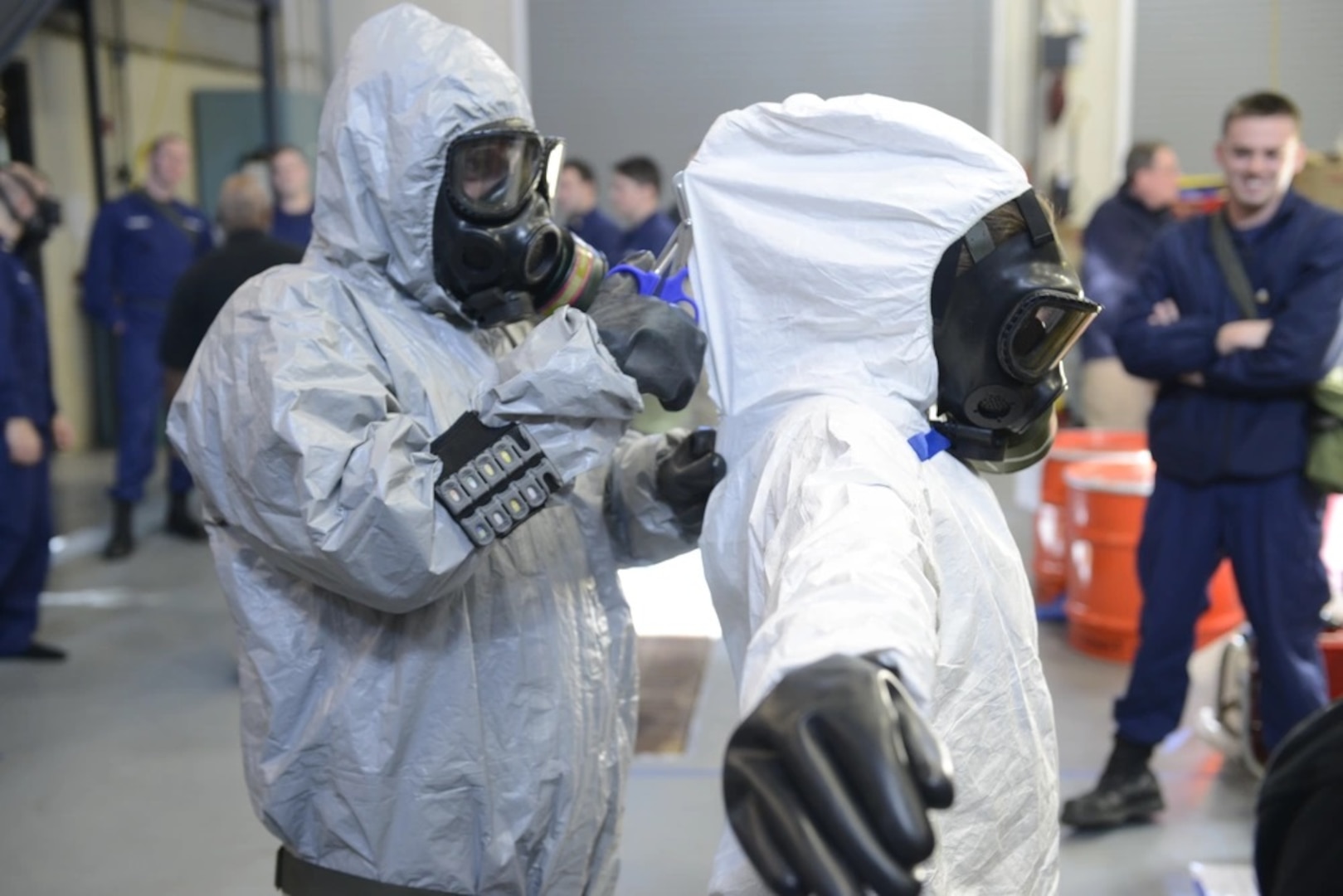 Coast Guard boat crew members receive domestic egress training Wednesday, Jan. 28, 2015, at Training Center Cape May. Instructors from Joint Emergency Training Associates conducted a two-day training exercise to ensure proficiency in combating chemical, biological, radiological and nuclear defense training. (U.S. Coast Guard photo by Petty Officer 3rd Class David Micallef)