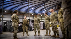Chief Master Sgt. of the Air Force JoAnne S. Bass speaks with Airmen at Al Udeid Air Base, Qatar, March 22, 2022. Bass met with Airmen from across the installation that participated in Operation Allies Refuge, which was the largest non-combatant military airlift in U.S. Air Force history. (U.S. Air Force photo by Senior Airman Jacob Dastas)