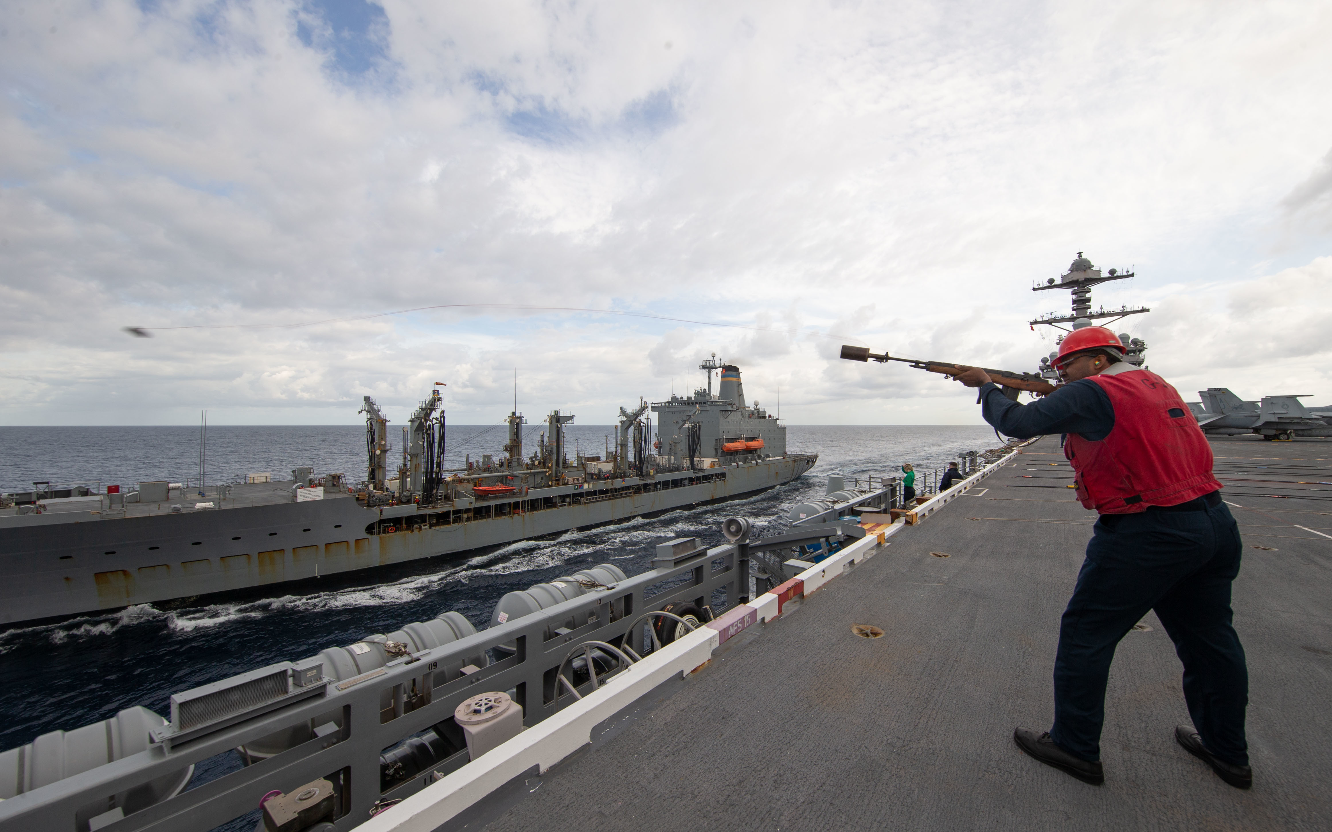 USS Gerald R. Ford (CVN 78) prepares to refuel from USNS Kanawha (T-AO 196)  in the Atlantic Ocean.