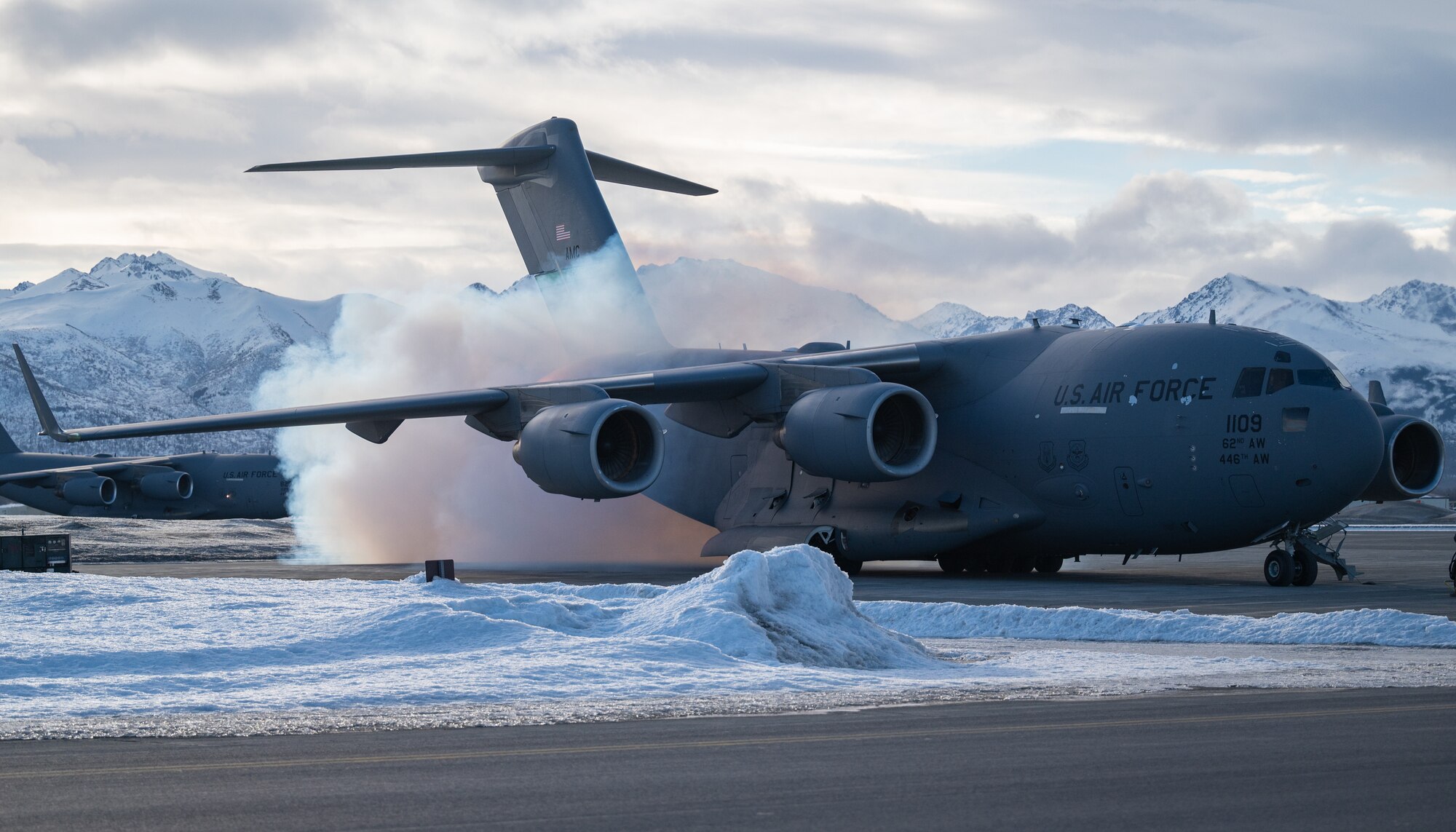 A U.S. Air Force C-17 Globemaster III assigned to Joint Base Lewis-McChord, Washington, starts its engines during Exercise Rainier War 22A at Joint Base Elmendorf-Richardson, Alaska, March 23, 2022. The exercise is designed to demonstrate the 62nd Airlift Wing’s ability to operate and survive while defeating challenges to the U.S. military advantage in all operating domains – air, land, sea and cyberspace. (U.S. Air Force photo by Airman 1st Class Charles Casner)