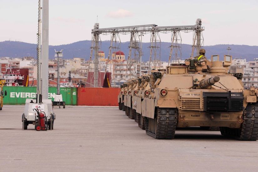 Tanks parked in a line.