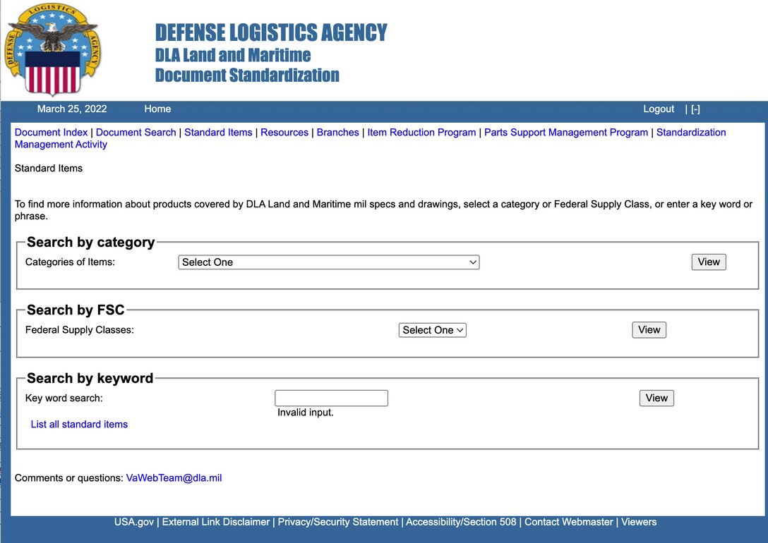 Screenshot of Document Standardization Standard Items Search
