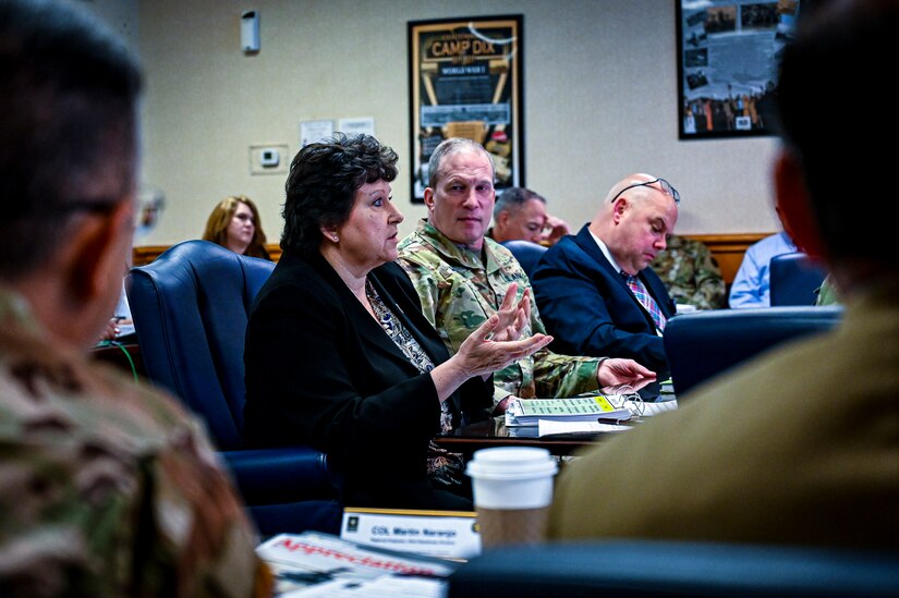 Brenda Lee McCullough U.S. Army Installation Management Command, readiness director, speaks during a Garrison Commanders Conference on March 23, 2022, at Joint Base McGuire-Dix-Lakehurst N.J. The Army Support Activity Fort Dix hosted the conference to allow senior leaders to collaborate and discuss training, infrastructure, quality of life improvements and ways to enhance training capabilities across the U.S. Army Reserve.