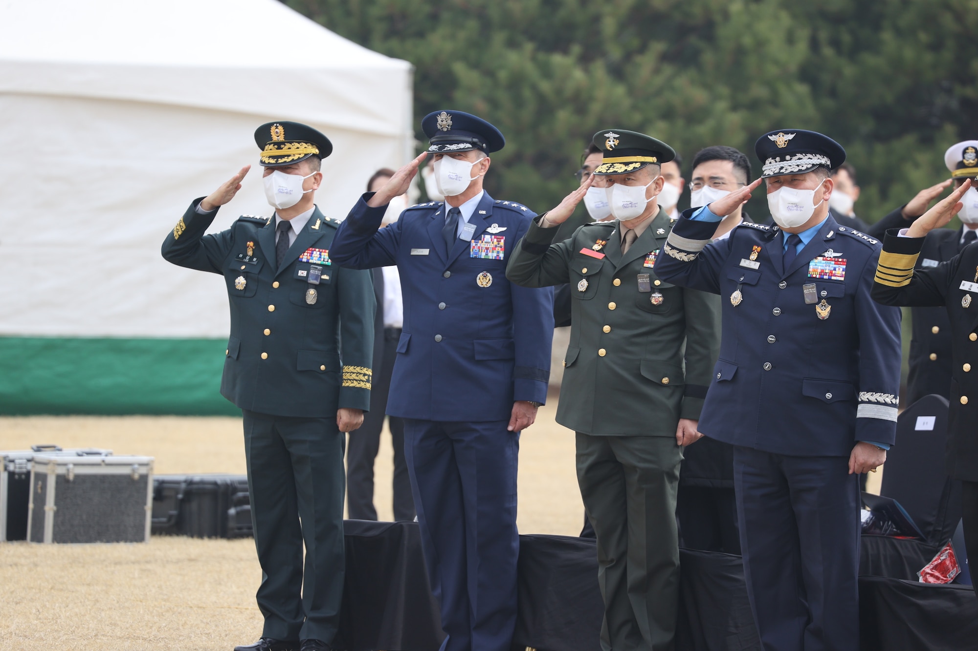Lt. Gen. Scott Pleus, United States Forces Korea deputy commander, and three Republic of Korea generals salute during the 7th West Sea Defense Day Ceremony memorial service at the Daejeon National Cemetery, ROK, March 25, 2022. The ceremony paid tribute to those who have lost their lives while protecting the Korean territory of the West Sea within the last several decades which included 55 U.S. servicemembers. (Courtesy photo)
