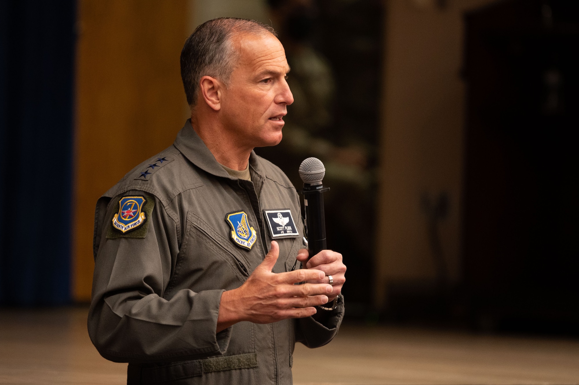 Lt. Gen. Scott Pleus, Seventh Air Force commander, explains the agenda of the commander’s conference at Osan Air Base, Republic of Korea, Mar. 24, 2022. (U.S. Air Force photo by Senior Airman Megan Estrada)