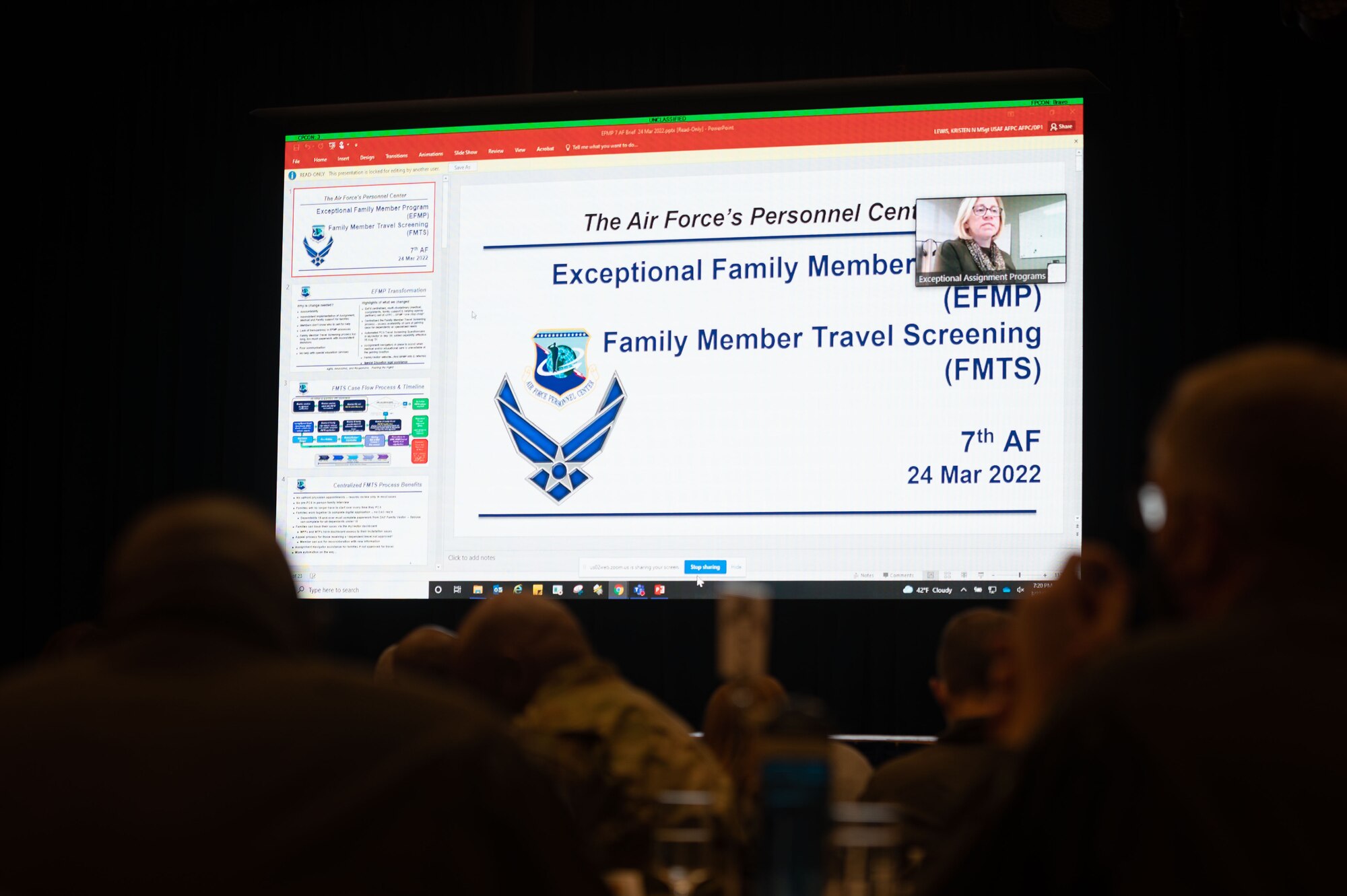 Tammy Hern, 51st Force Support Squadron airman and family program coordinator, briefs attendees on the exceptional family member program during a commander’s conference at Osan Air Base, Republic of Korea, Mar. 24, 2022. (U.S. Air Force photo by Senior Airman Megan Estrada)