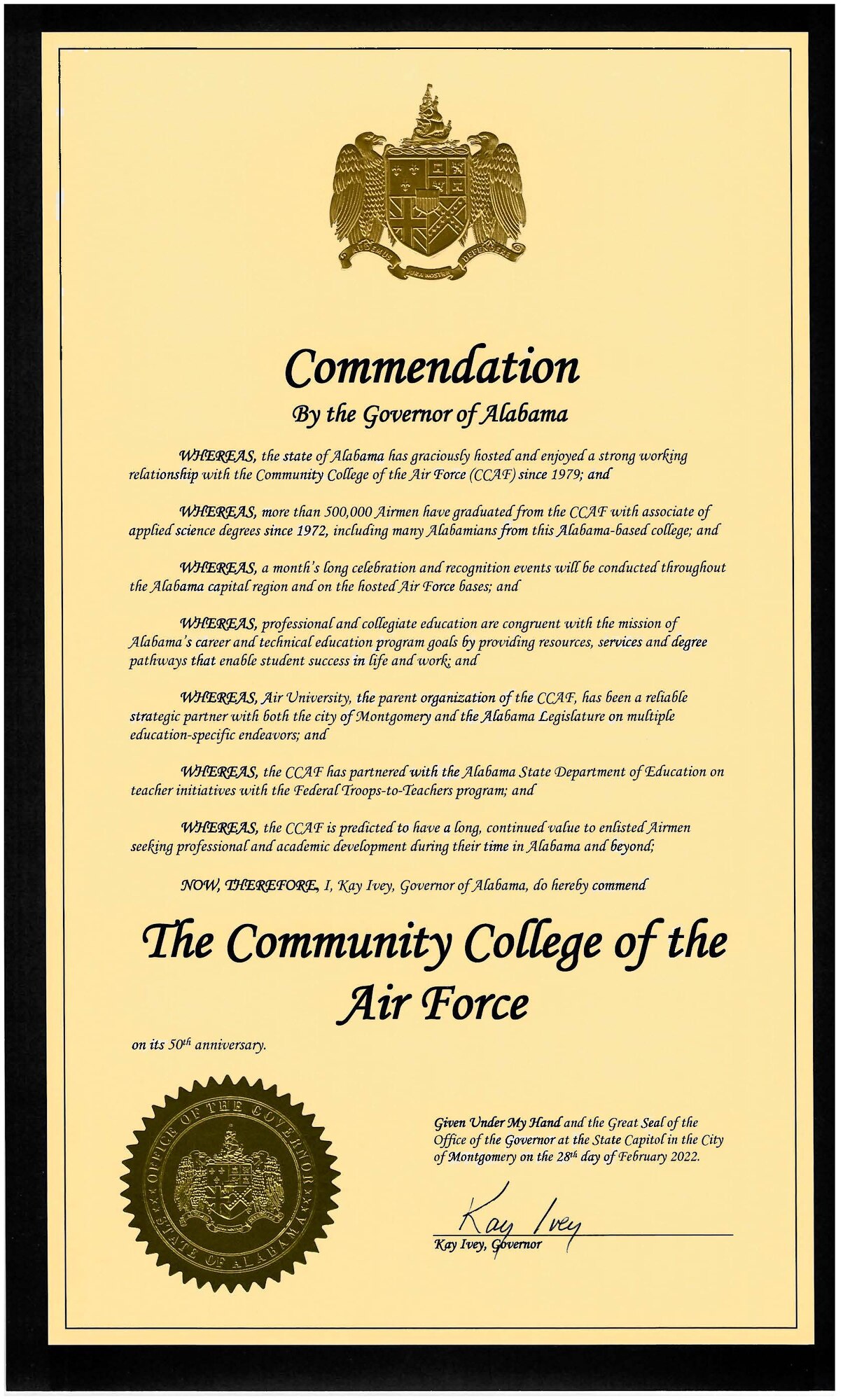 MAXWELL AIR FORCE BASE, Ala. -- The Community College of the Air Force received a signed commendation certificate for their 50th anniversary from the governor of Alabama, Feb. 28, 2022.