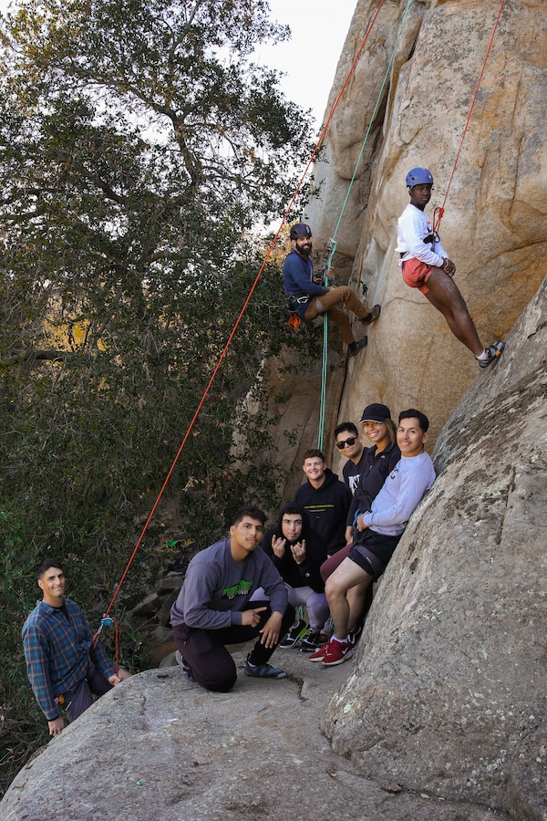 U.S. Marines with 1st Transportation Battalion, Combat Logistics Regiment 1, 1st Marine Logistics Group, pose for a photo at Dixon Lake Park, California, Feb. 5, 2021. Marines participated in a rock climbing event with Crux Wilderness Therapy, a nonprofit organization, to boost unit morale and camaraderie. (U.S. Marine Corps photo by Lance Cpl. Kristy Ordonez Maldonado)
