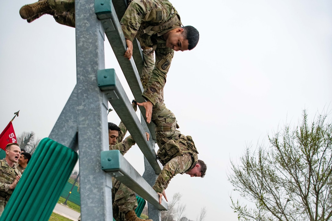 Three soldiers crawl up and down a vertical ladder while another observes from behind.