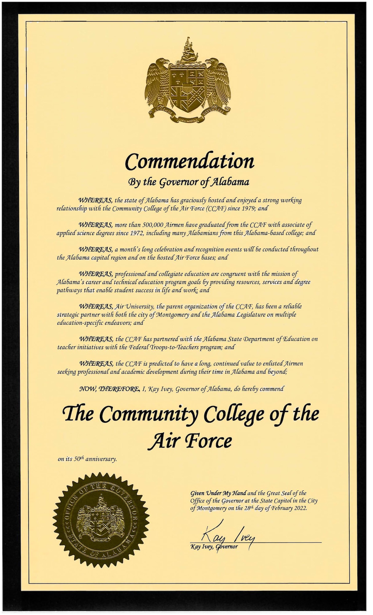 MAXWELL AIR FORCE BASE, Ala. -- The Community College of the Air Force received a signed commendation certificate for their 50th anniversary from the governor of Alabama, Feb. 28, 2022.