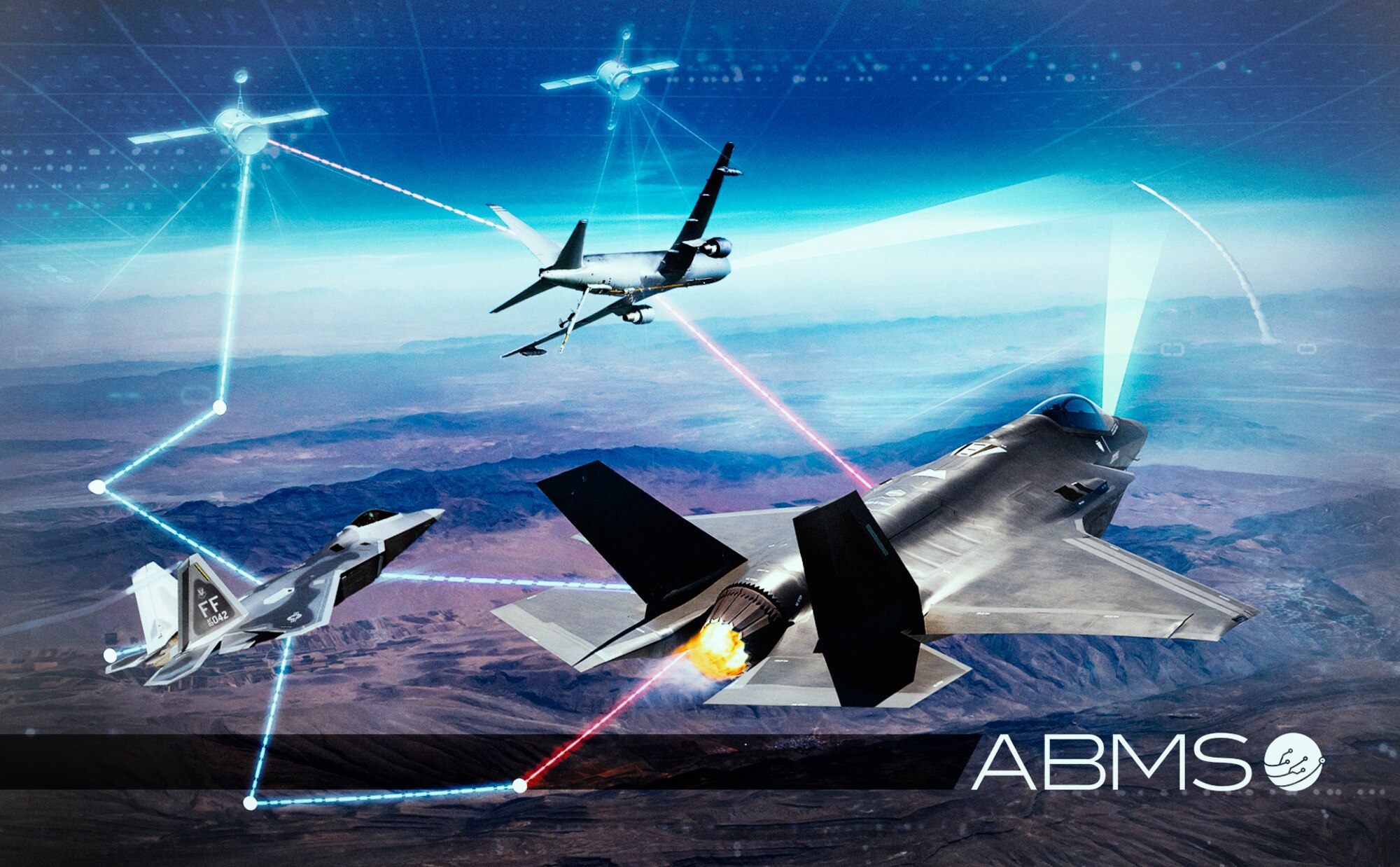 In this concept graphic, a communications pod installed in a KC-46 Pegasus will allow the F-35 Lightning II and F-22 Raptor to connect and instantly receive and transmit the most up-to-date information to ensure the warfighters maintain decision superiority. The Advanced Battle Management System is the Department of the Air Force’s contribution to Joint All-Domain Command and Control, the Department of Defense effort to digitally connect all elements of the U.S. military across air, land, sea, space, and cyberspace. In summer 2021, the Department of the Air Force Rapid Capabilities Office, headquartered in Washington D.C., stood up the ABMS Program Executive Office Integration Team at Hanscom Air Force Base, Mass., to bring together acquisition directorate personnel to leverage their developed capabilities for use in the ABMS. (U.S. Air Force graphic)